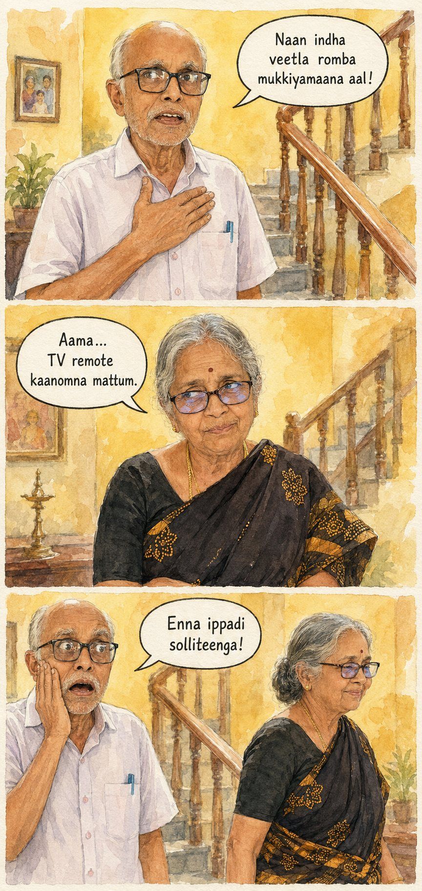 A three-panel watercolour comic of Venky's parents at home. His father, hand on heart, says &ldquo;Naan indha veetla romba mukkiyamaana aal!&rdquo; His mother, arms folded, replies &ldquo;Aama... TV remote kaanomna mattum.&rdquo; His father, hand on cheek, gasps &ldquo;Enna ippadi solliteenga!&rdquo;
